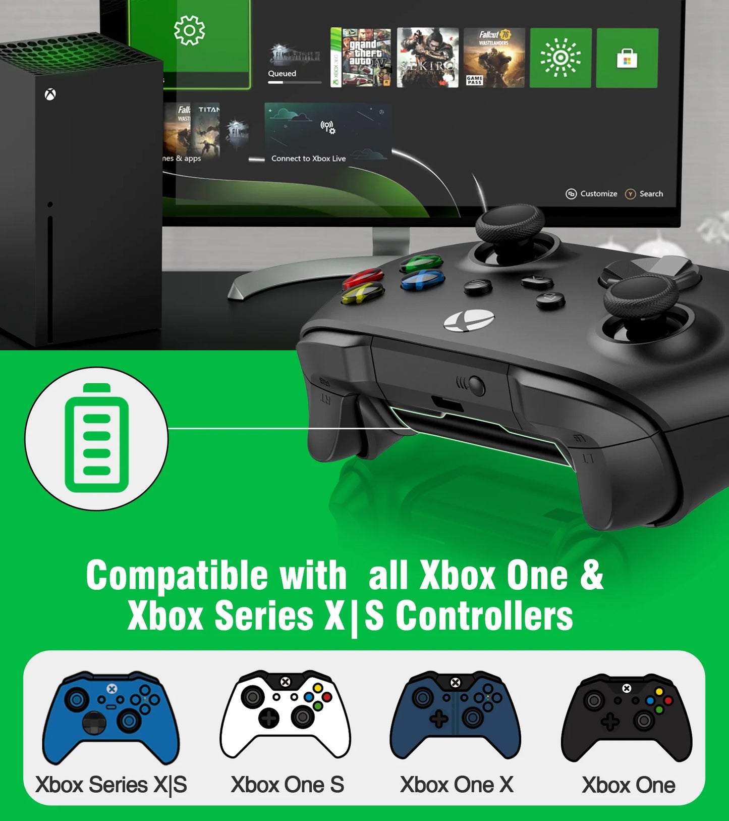 Xbox Rechargeable Battery Pack & Charging Station – 4X 1200Mah(3000Mwh) Long-Lasting Batteries for Xbox Series X/S/One Controllers